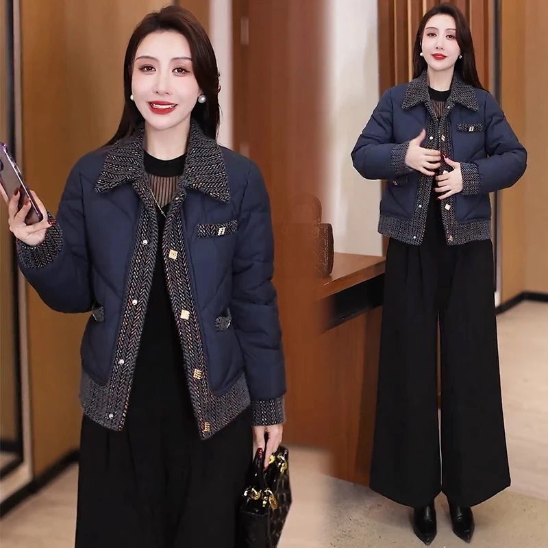 小香风拼接棉服女2025年冬季新款时髦宽松加厚保暖翻领棉袄外套