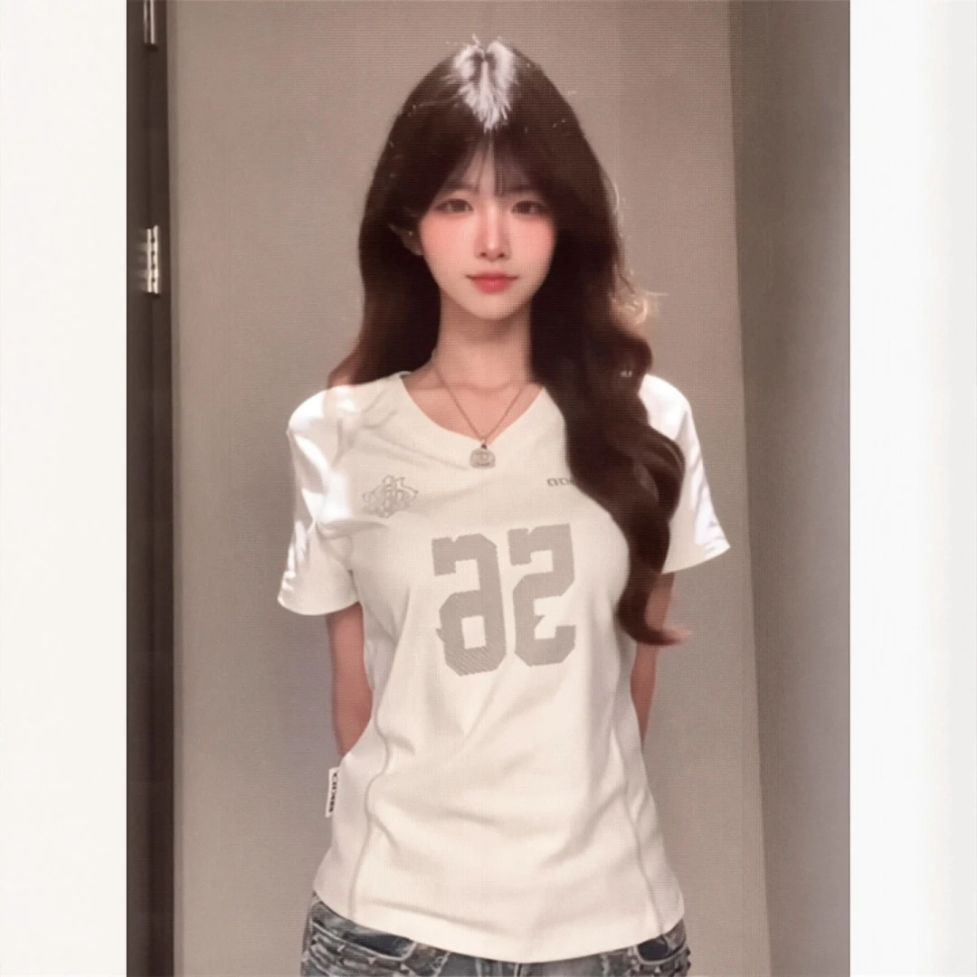 美式复古纯棉v领短袖t恤女夏季新款修身显瘦辣妹白色球服上衣潮牌