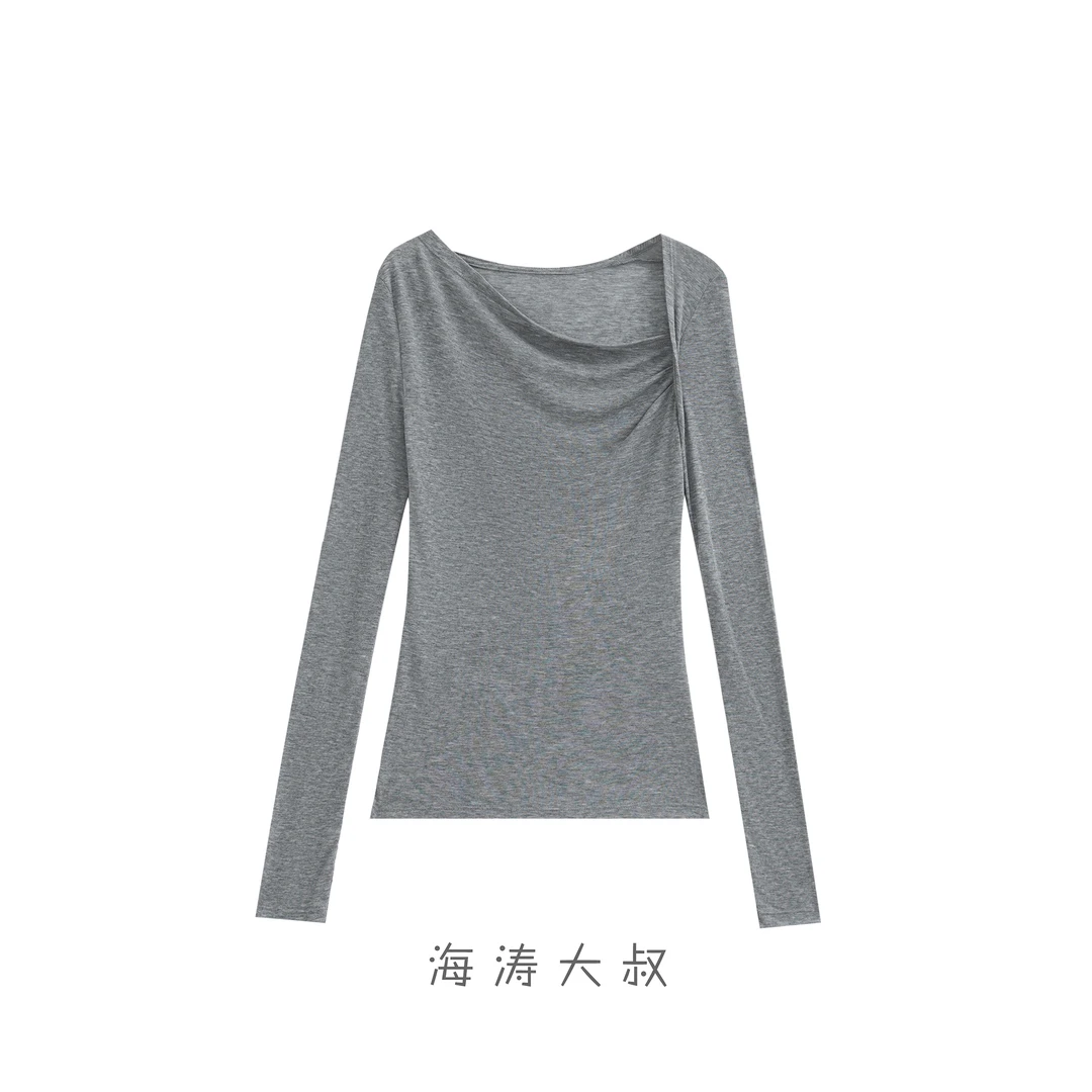 【海涛大叔】「显瘦纸片人」天丝斜领打底长袖衫 KRJ10508