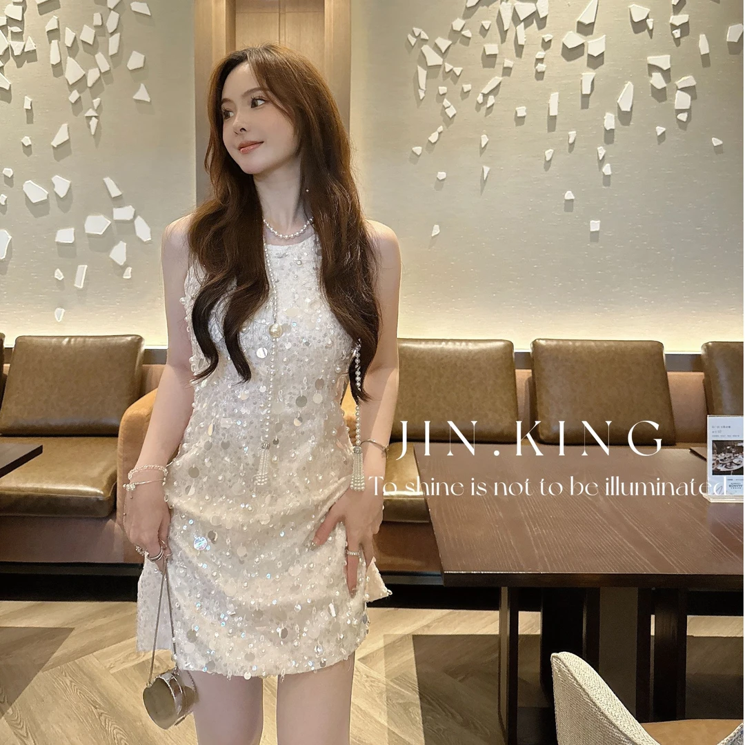 【JIN_KING】女装高奢杏色背心无袖亮片精致女无袖连衣裙J0033