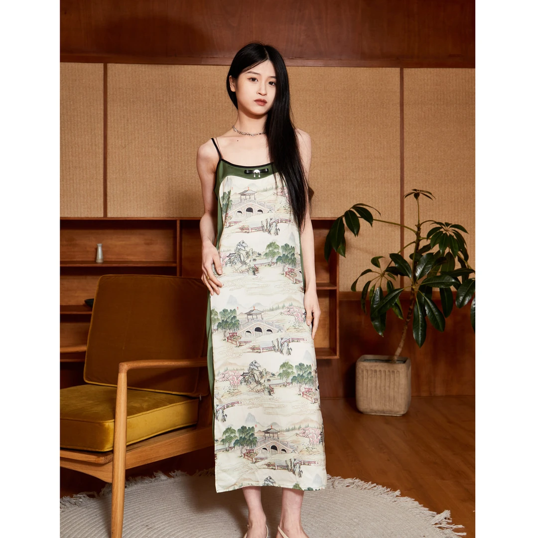 夏季女式新中式吊带连衣裙国风印花拼接缎面吊带裙