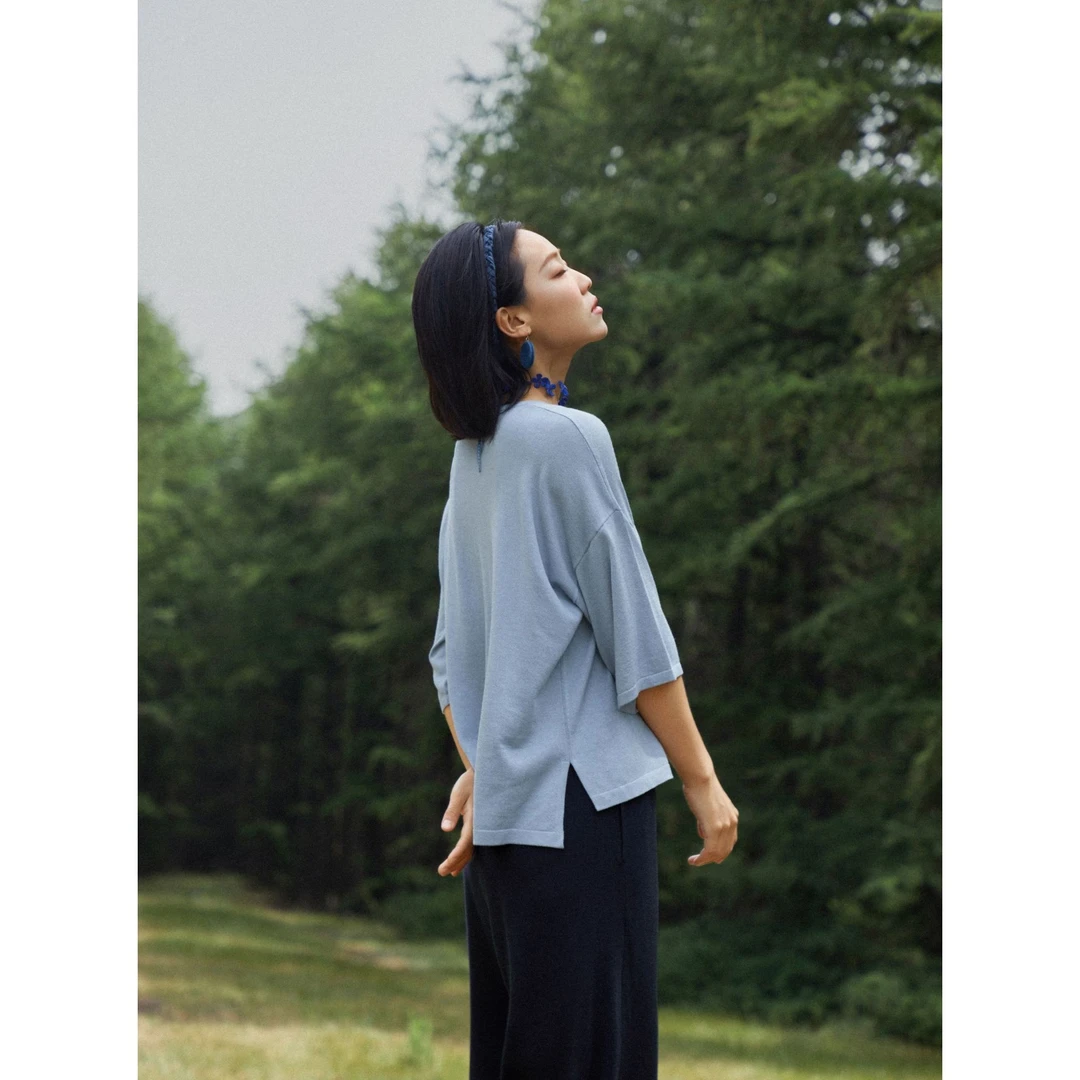 Say Ya【然】不动深色 超清凉真丝羊绒中袖T恤 宽松/干爽