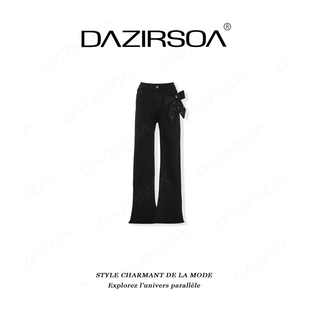 DAZIRSOA/达姿“艺术花染”时尚百搭拼接蝴蝶结洋气牛仔喇叭 AB631