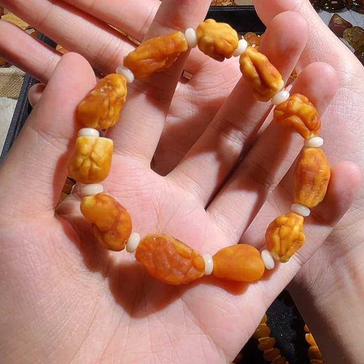 手链琥珀未镶嵌蜜蜡海漂脑纹白蜜手串