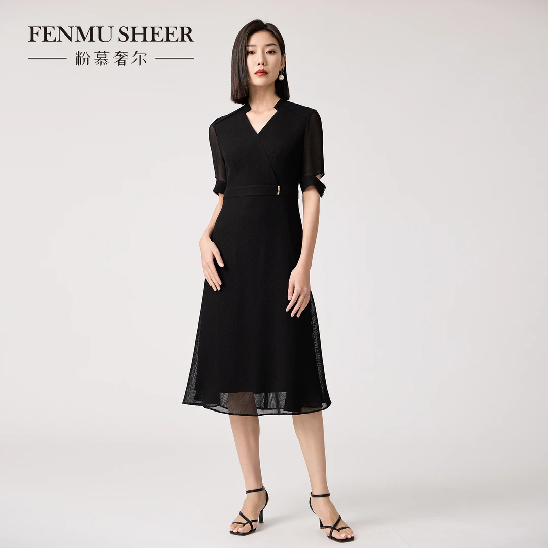 【格一专享】粉慕奢尔『法式情长』醋酸气质显瘦中长款连衣裙-D2166