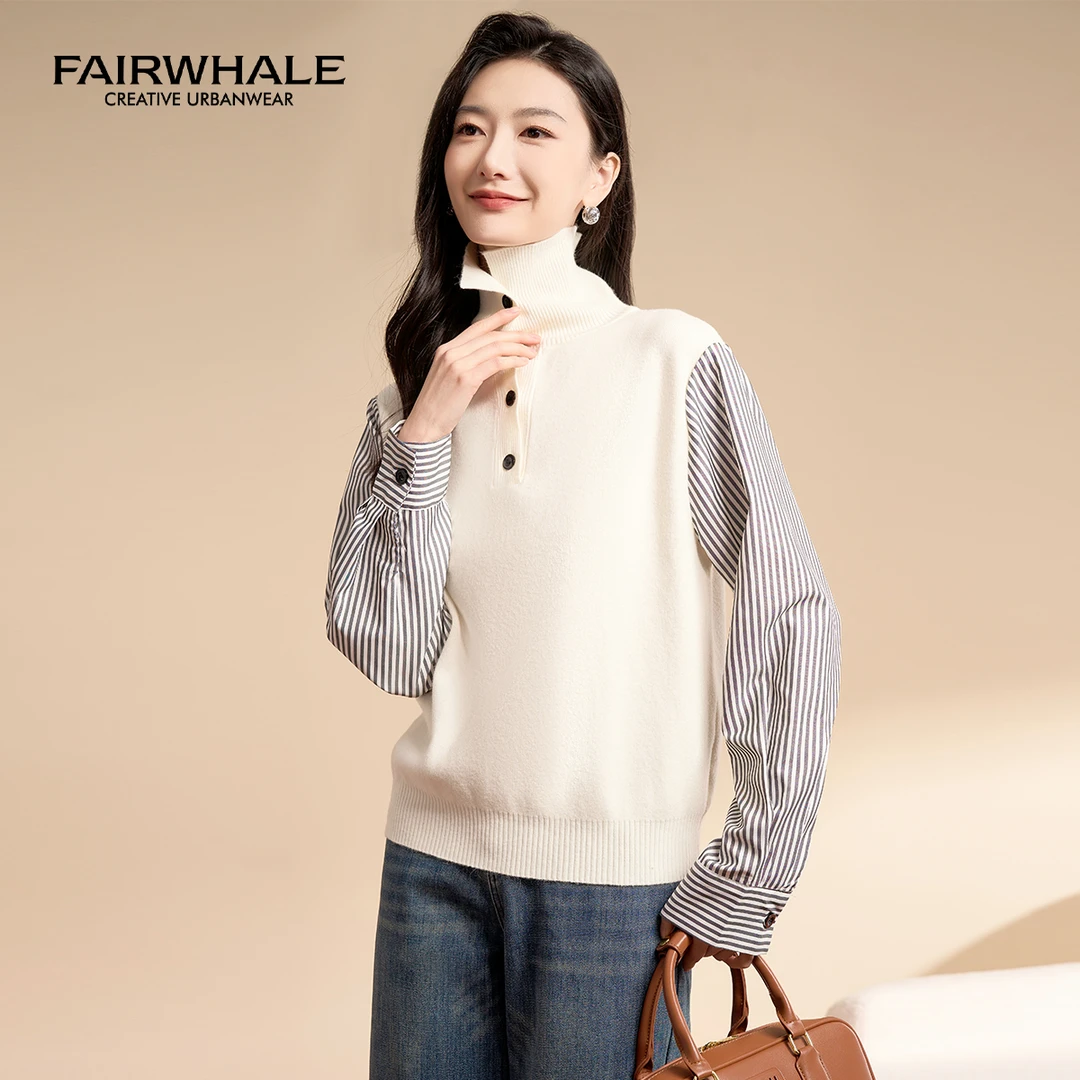 马克华菲女装时尚撞色格纹半高领钉扣针织衫秋冬显瘦百搭休闲上衣