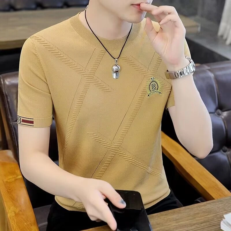 言只夏季休闲时尚短袖针织半袖镂空潮流圆领男士百搭