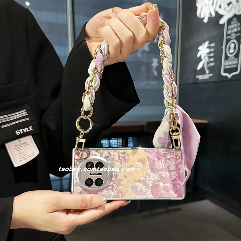 适用于华为MateX6左右折叠手机壳斜挎背带挂链magicV3高档油画花