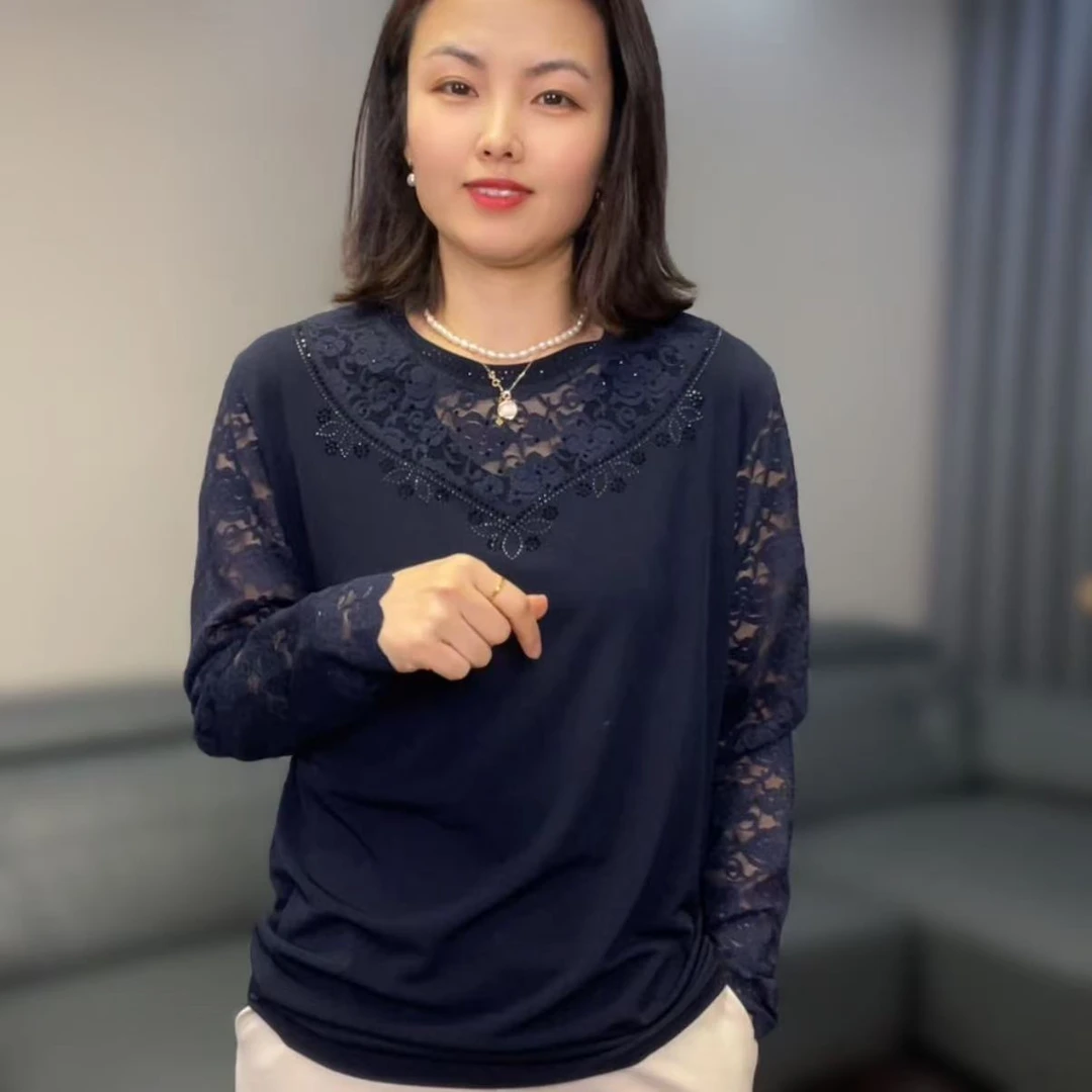 【香香优选】韩国网面袖蕾丝压钻圆领长袖衫新款女士时尚洋气舒适