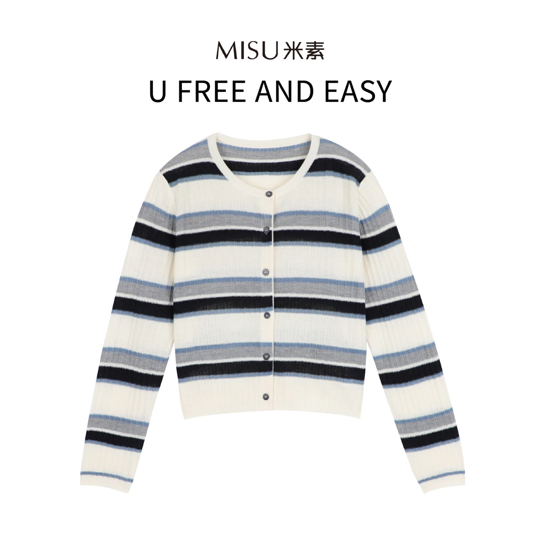 MISU米素时尚条纹撞色拼色长袖气质圆领休闲针织衫125Q008