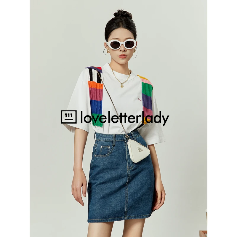 白色拼接宽松圆领T恤2025新品夏女休闲时尚百搭韩版撞色短袖上衣