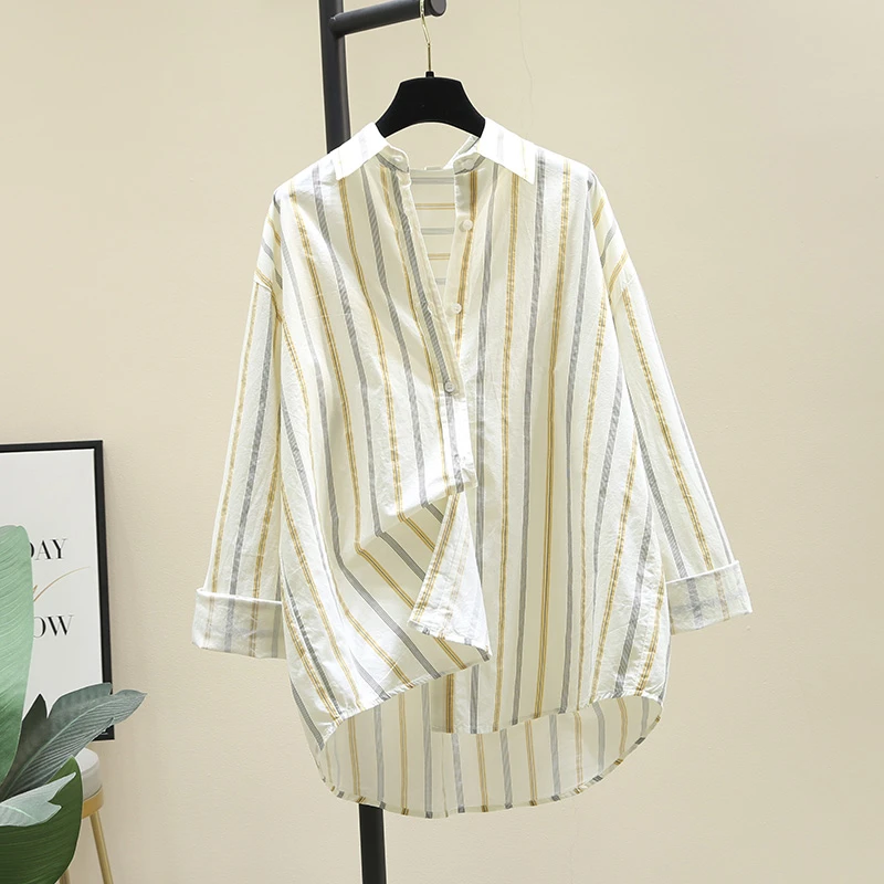 春秋新款条纹长袖衬衫女宽松休闲轻薄显瘦翻领衬衣设计感上衣百搭