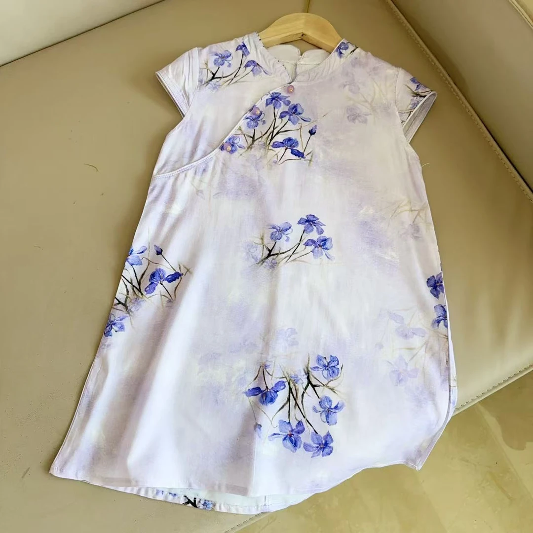 紫丁香  国风棉绸旗袍2025夏季国风女童长款印新中式旗袍