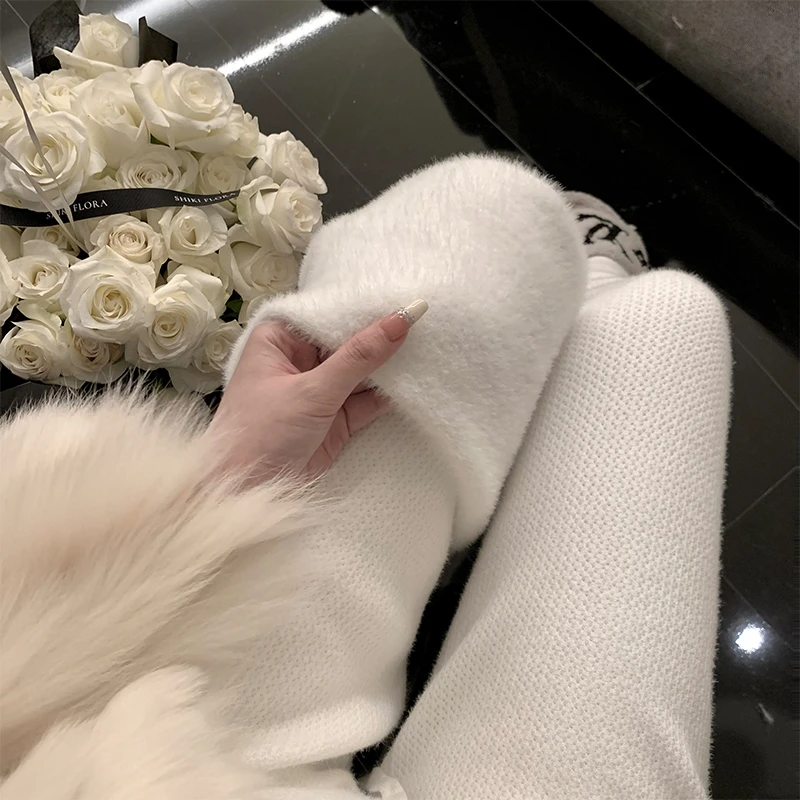 韩版松紧腰抽绳垂感百搭加绒拖地阔腿裤针织裤女秋冬时尚休闲长裤