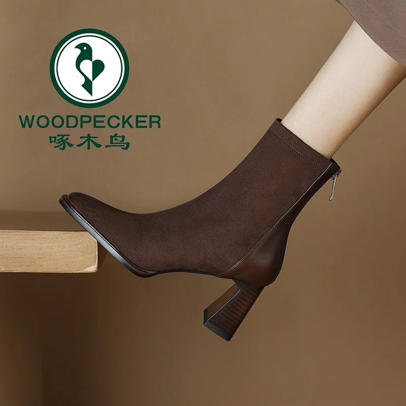 啄木鸟软皮方头粗跟短靴女2025新款秋冬绒面高跟弹力靴气质瘦瘦靴