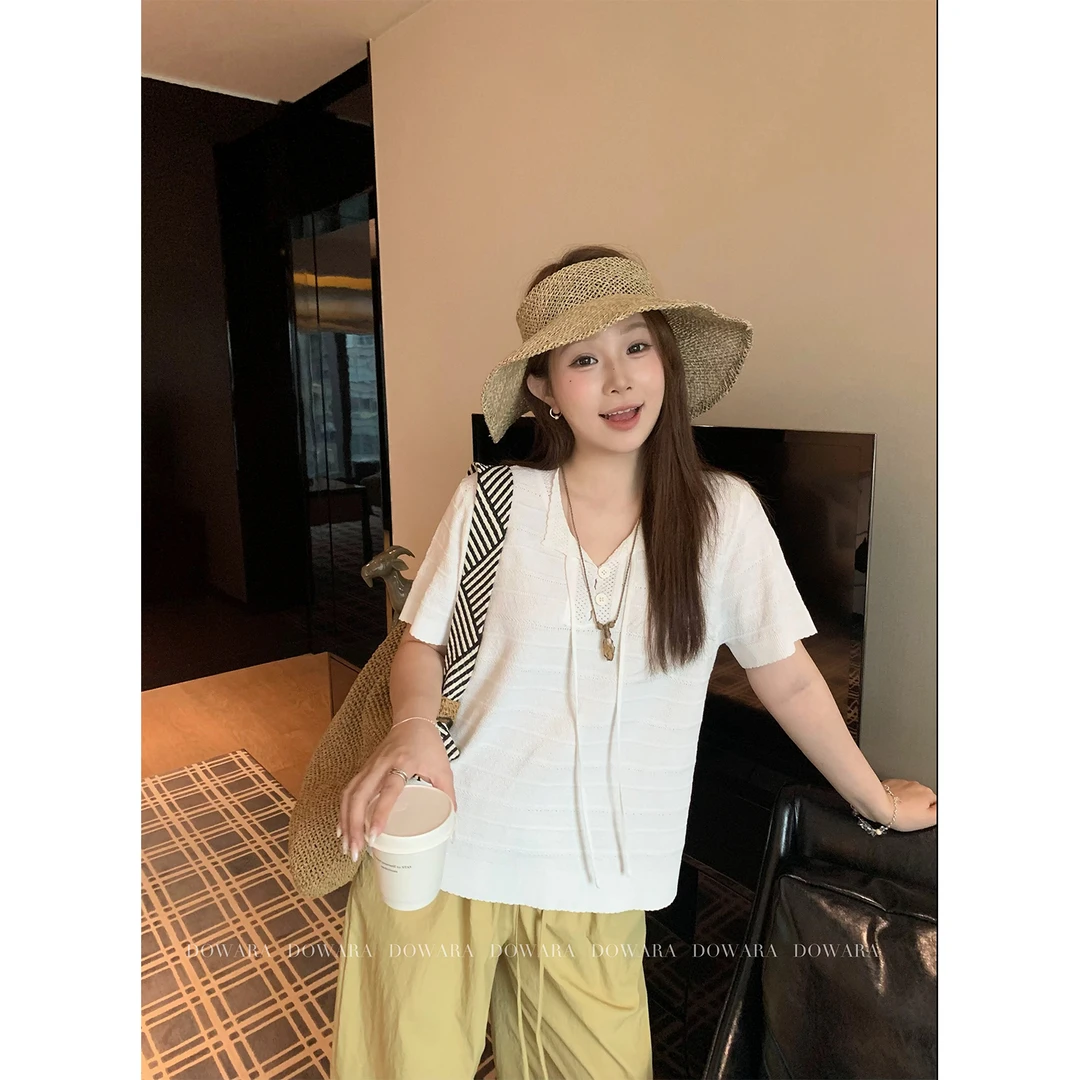 现货大婉酱微胖定制条纹提花气质毛织上衣女设计感短袖上衣 8733D