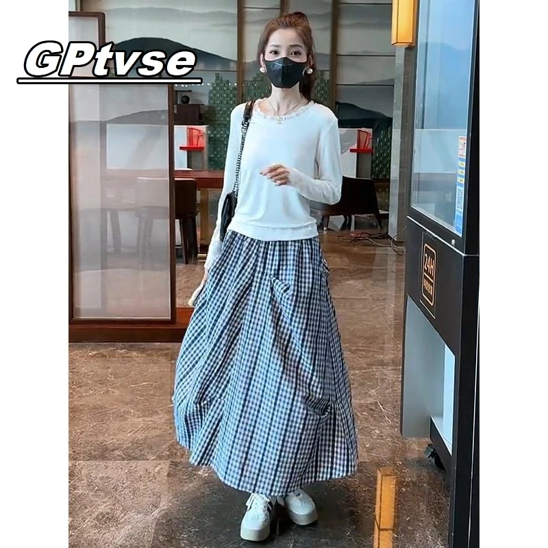 GPTVSE春夏季百搭上衣格子裙女蕾丝花边长袖不规则显瘦半身裙套装