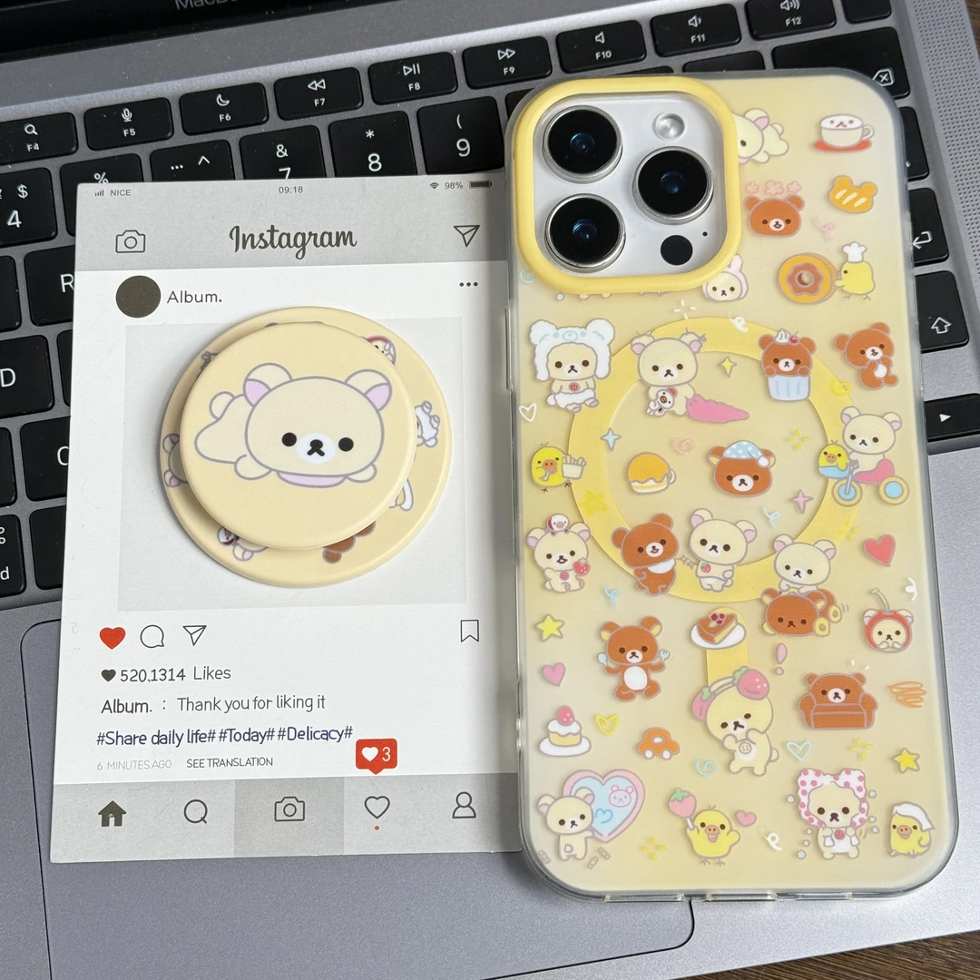 磨砂卡通轻松熊磁吸支架苹果15手机壳iPhone14promax防摔iPhone13