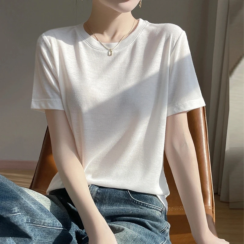 【格格专属】韩系新款莱赛尔纯色圆领休闲百搭简约薄款短袖女士