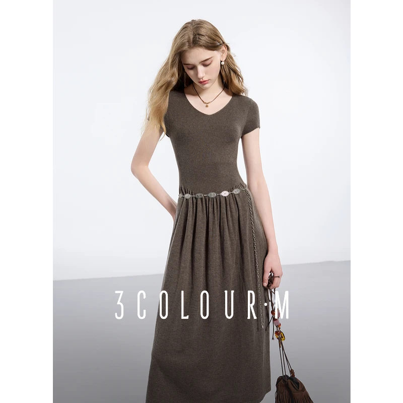 【品牌福利】三彩2025春季新款法式复古短袖针织裙收腰连衣裙dbq