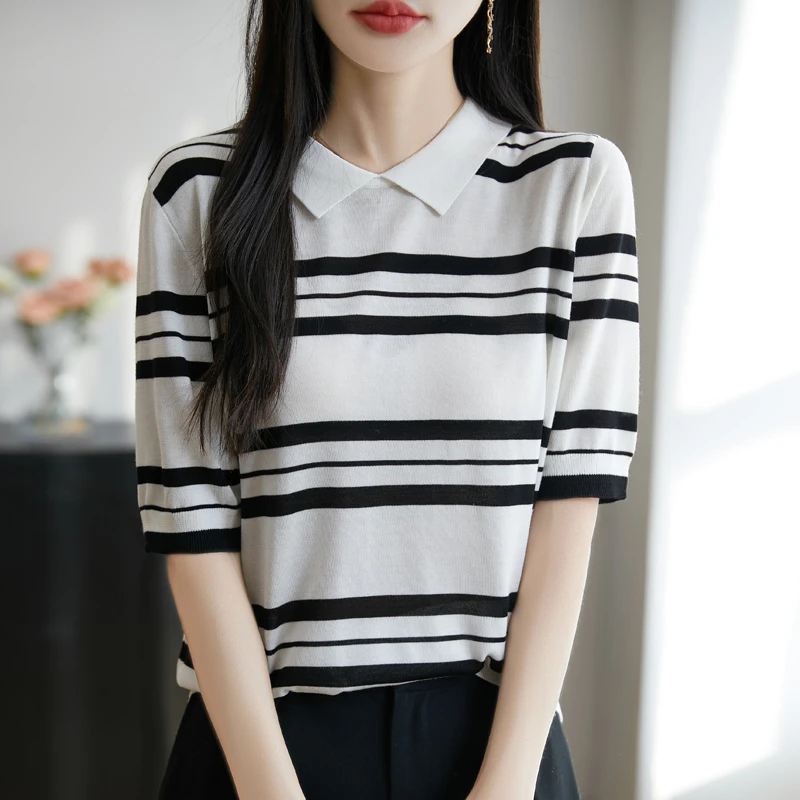 【100%莱赛尔天丝】夏季新款娃娃领条纹针织短袖显瘦透气舒适百搭