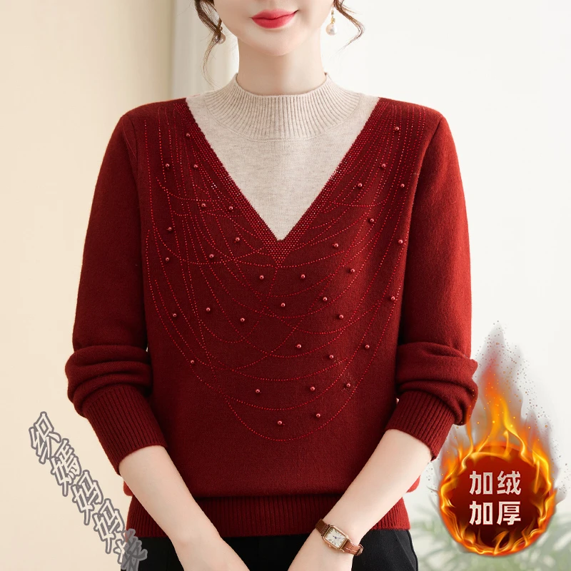 妈妈秋冬季加绒加厚毛衣洋气假两件上衣中老年女装保暖内搭打底衫