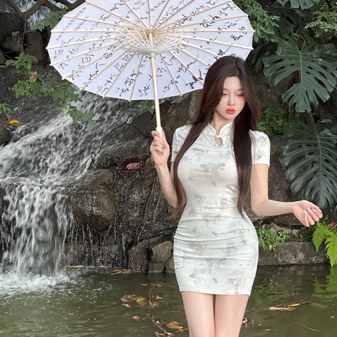 【水墨诗画】7189＃国风修身短袖旗袍包臀裙