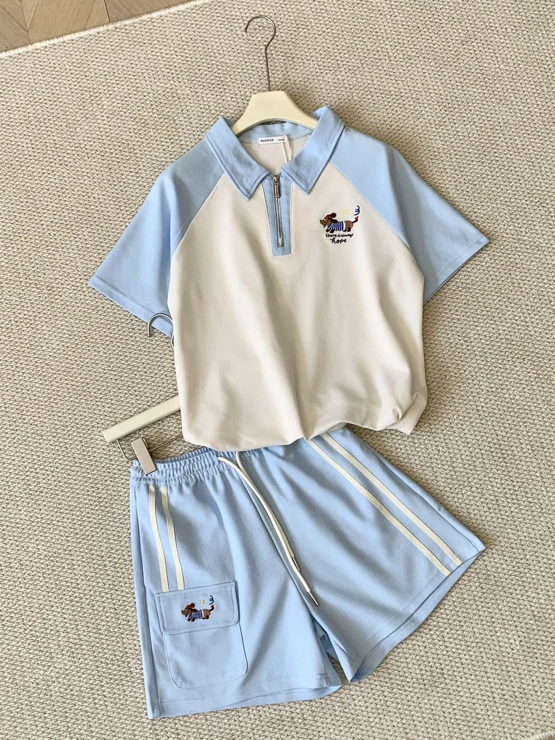 2025夏季新款 腊肠狗拼色半拉链套装 #8127