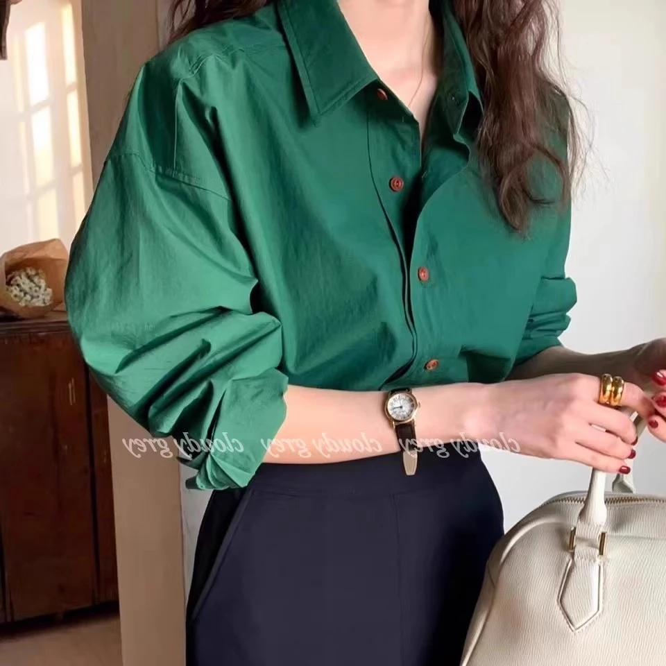 小众慵懒感港风显白女百搭通勤宽松显瘦打底别致上衣克莱因蓝衬衫