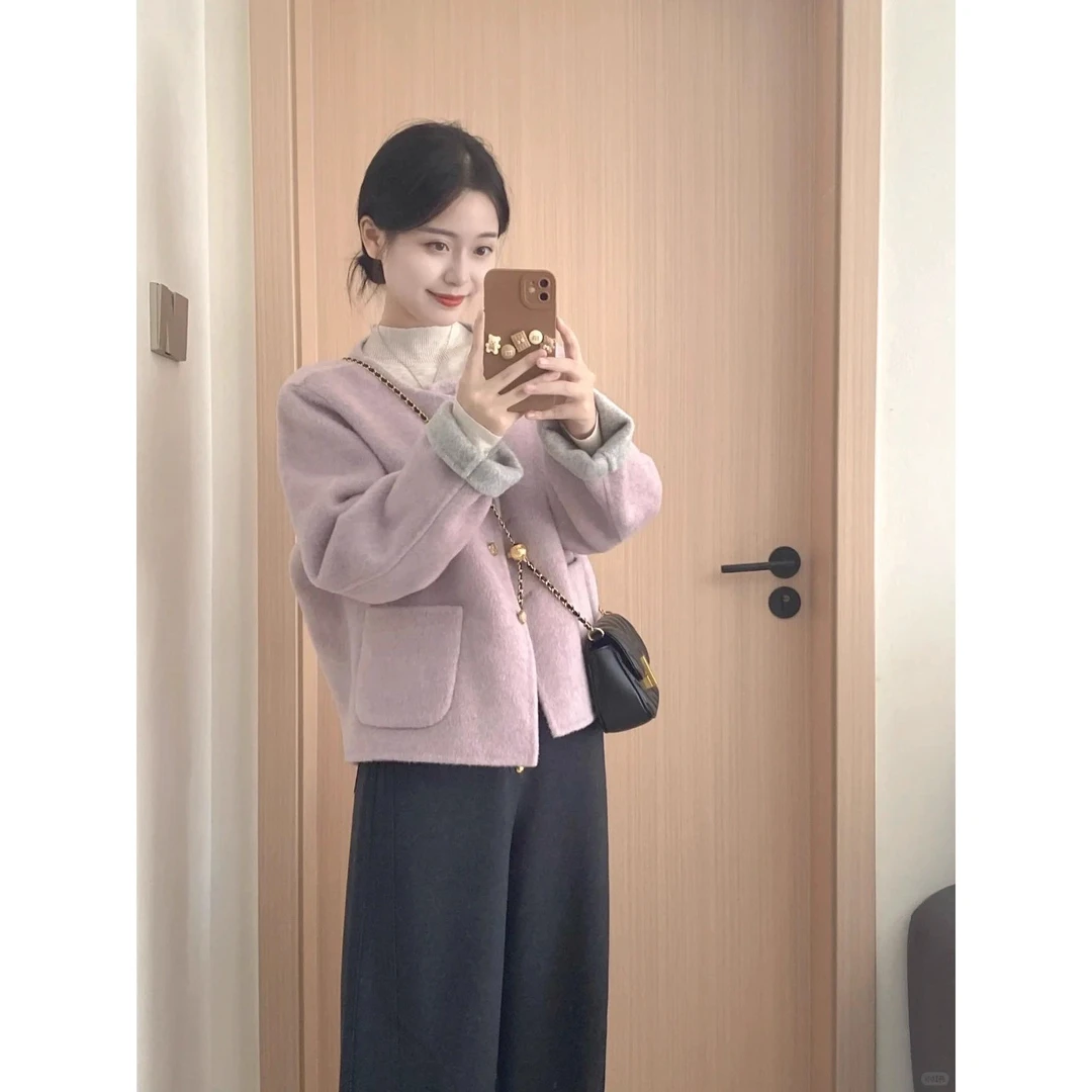 温柔风紫色设计感短款外套女秋冬新款小个子法式气质宽松毛呢大衣