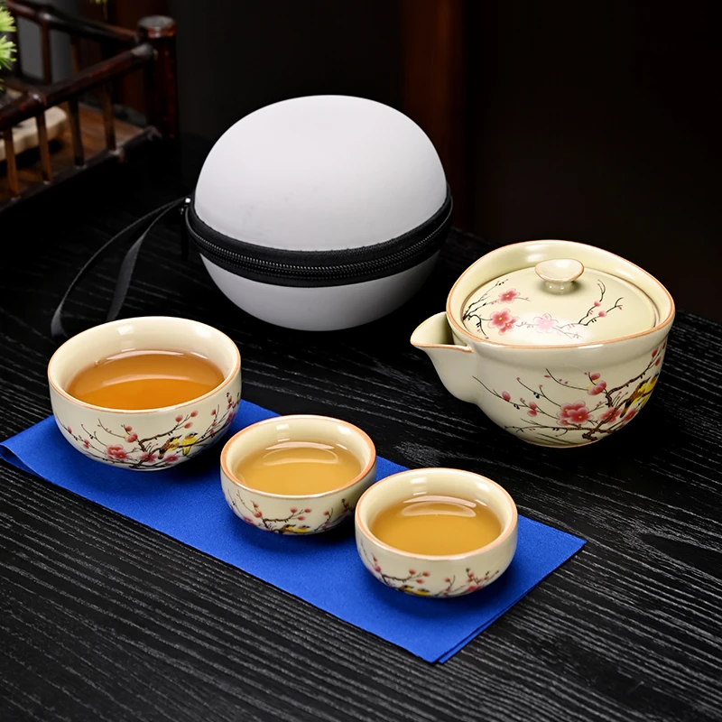 汝窑一壶三杯户外露营汝瓷旅行茶具套装便携式茶壶茶杯一人快客杯