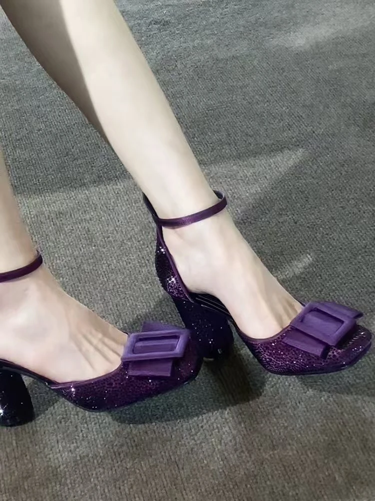 水钻粗跟凉鞋夏季新款高跟凉鞋法式气质洋气杨幂同款香奈儿鞋子
