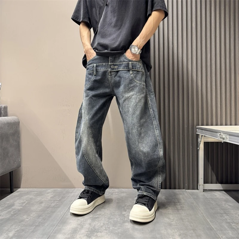 宽松直筒小弯刀牛仔裤2025时尚设计感双腰重工做旧男裤高街哈伦裤
