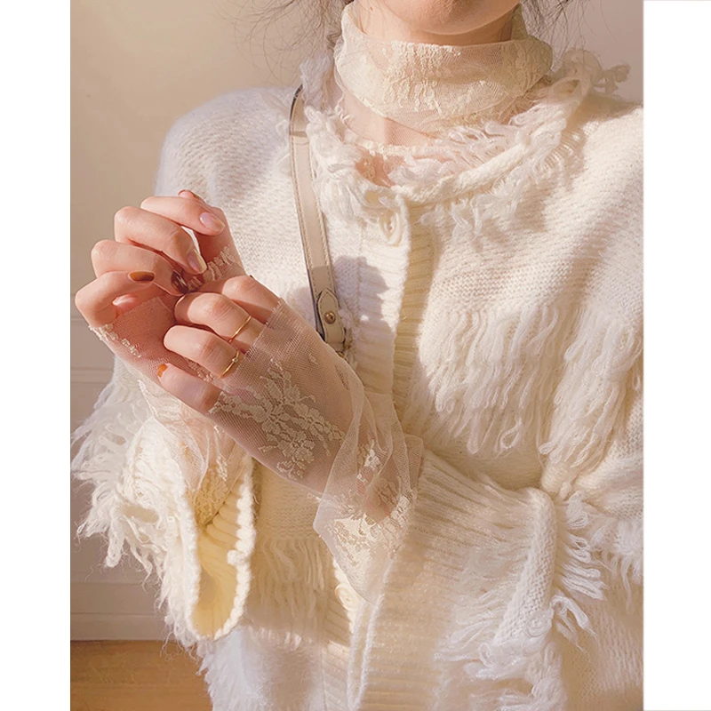 堆堆高领蕾丝打底衫女秋冬2025新款洋气毛衣内搭修身透明网纱上衣