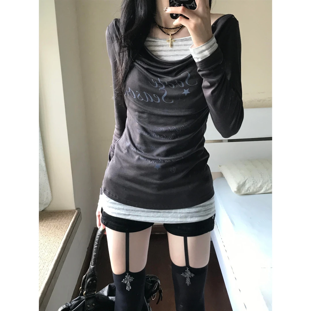 Soote Season 原创韩系假两件天丝荡领印花收腰显瘦长袖T恤罩衫女