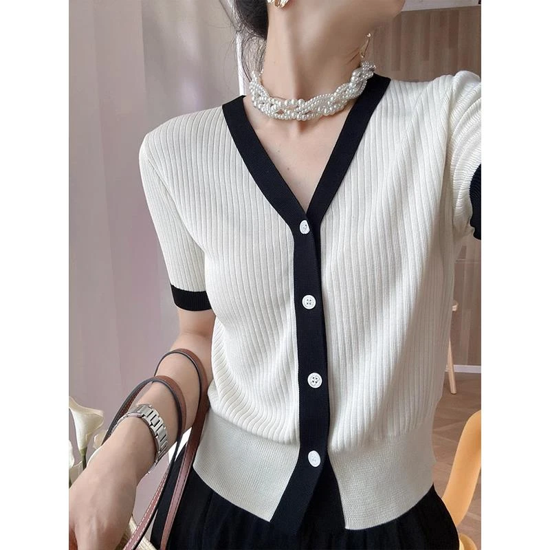 小香风V领冰丝短袖法式气质撞色短款夏季设计感薄针织开衫上衣女