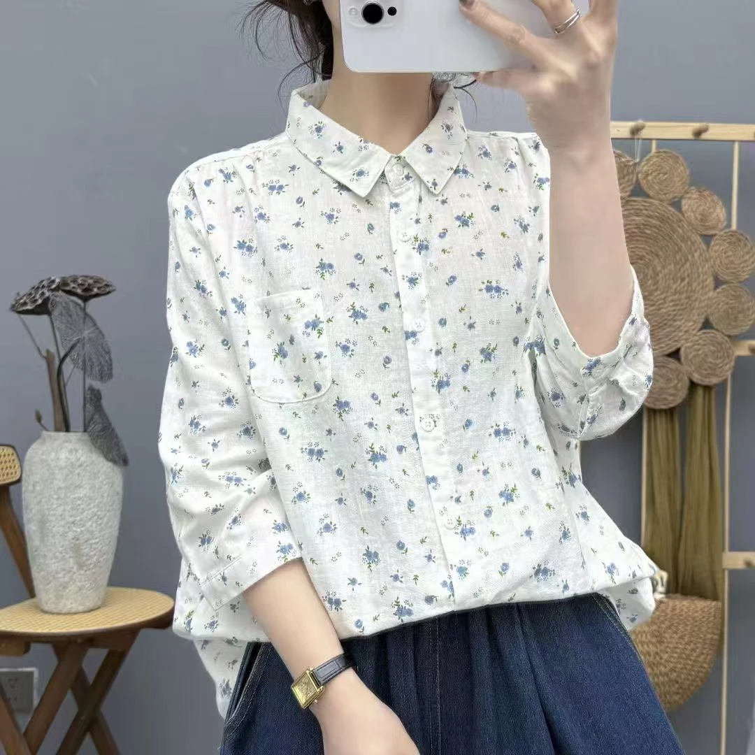 双层棉纱五分袖衬衫女夏法式高级感碎花印花宽松漂亮别致纯棉上衣