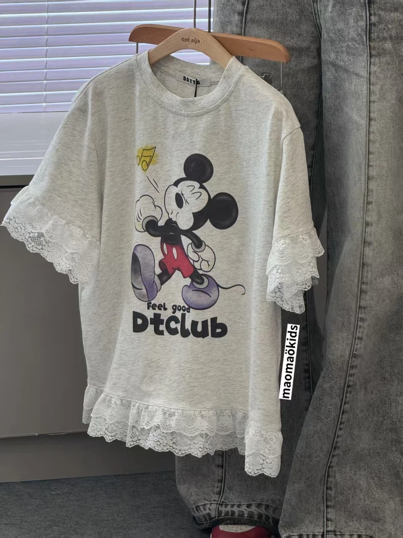 网红同款现货小麦儿童服装灰色连衣裙通勤T恤短袖女蕾丝女宽松型