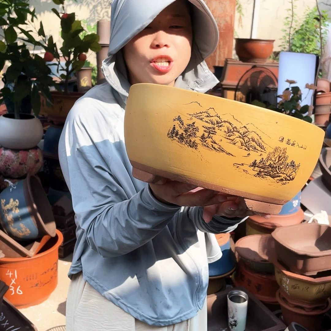 黄色江山如画中号花盆紫砂花盆