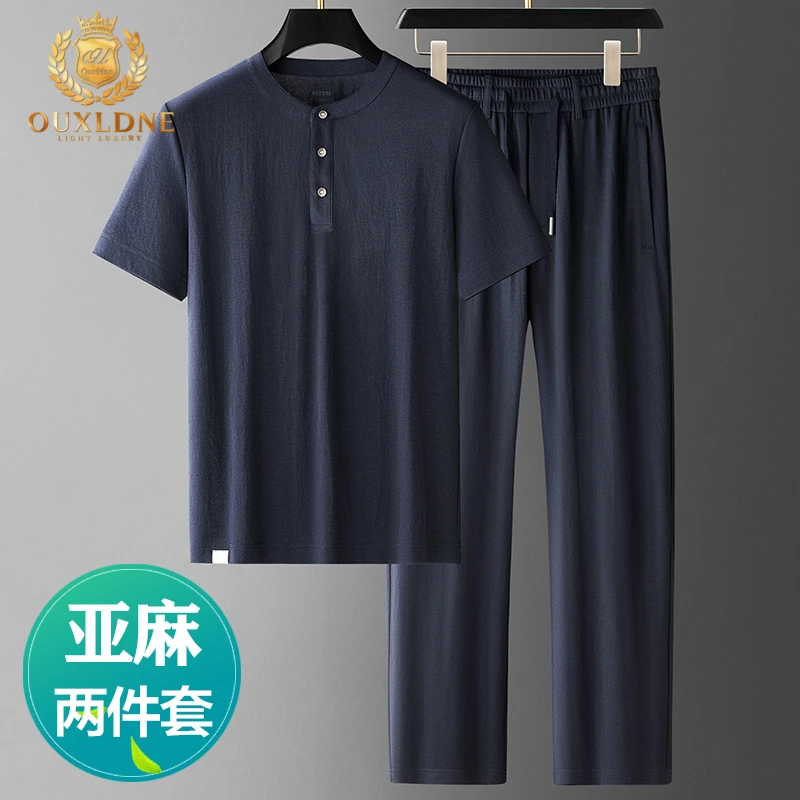 OUXLDNE 高端亚麻休闲套装男2025新款夏季男士薄款短袖长裤两件套