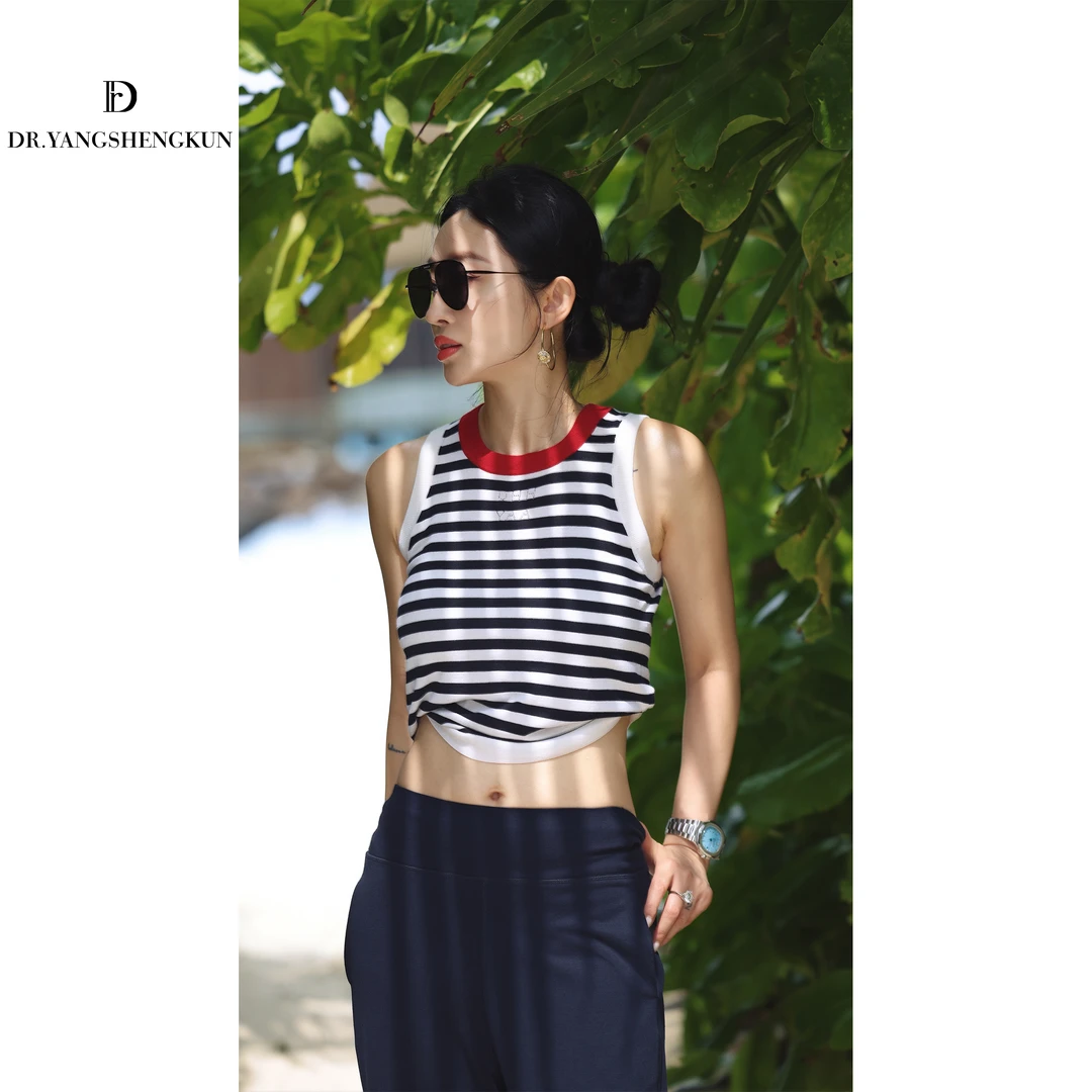 杨圣坤2025夏季新品女士桑蚕丝羊毛撞色条纹针织无袖背心L256704