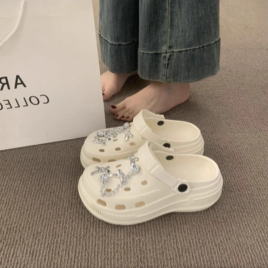 瓣水钻厚底包头半拖鞋女夏外穿小个子增高休闲洞洞鞋沙滩凉拖鞋鞋