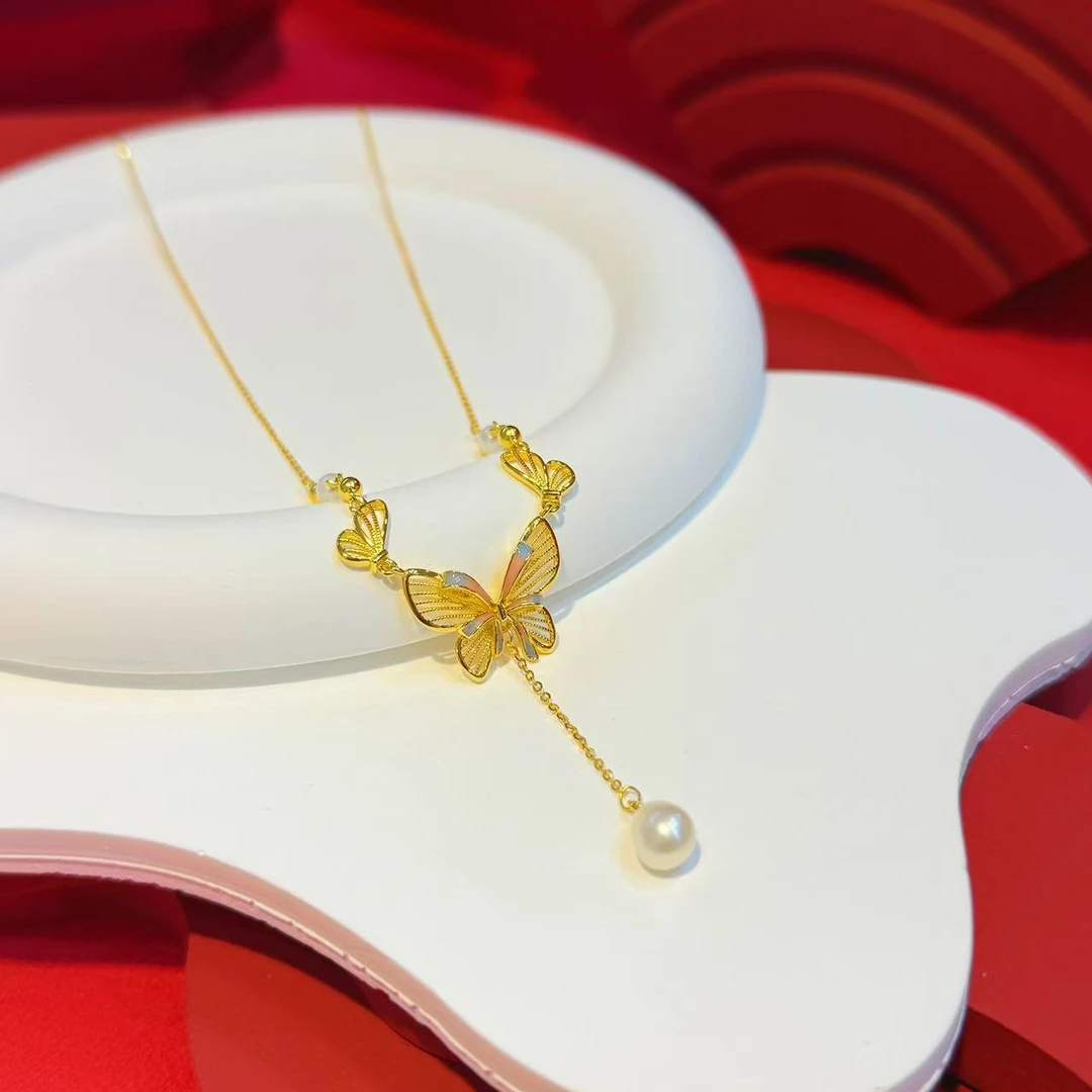 福利S925银烤蓝镶嵌珍珠拉丝工艺蝴蝶套链HNZ10256