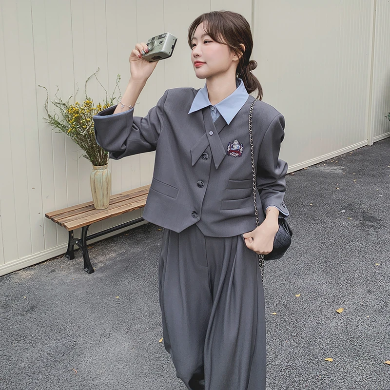 设计感撞色翻领拼接套装裤女2025年春秋新款气质通勤阔腿裤两件套