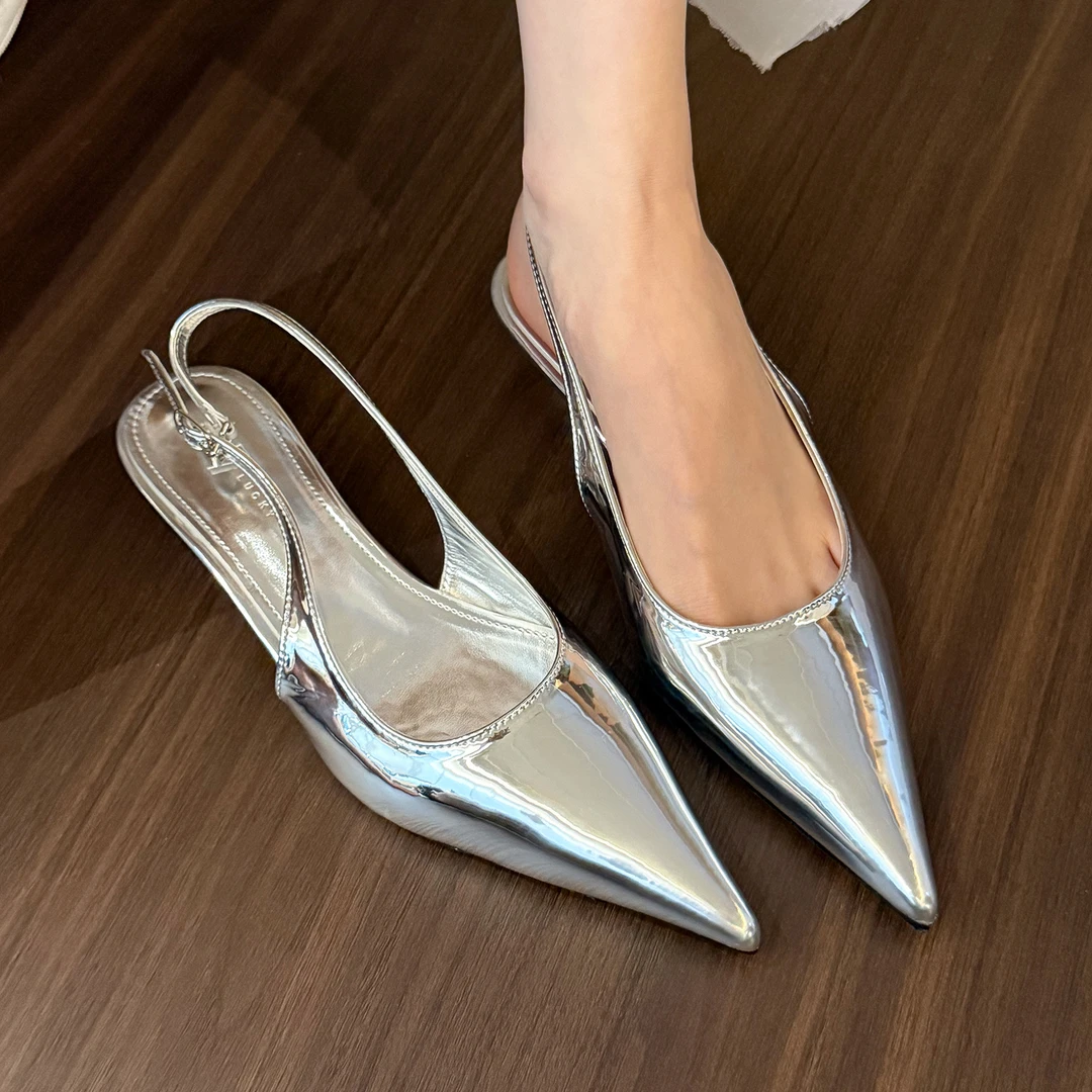 elingstudio 高级清冷！银色百搭漆皮凉鞋女春夏包头后空浅口单鞋