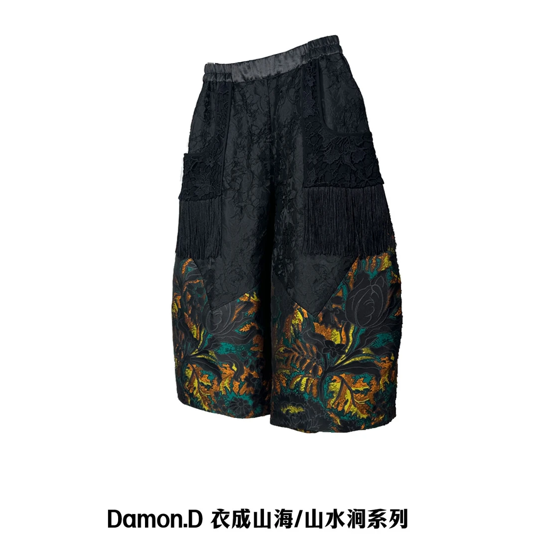 【双十一新品】K1897黑色3d立体刺绣拼接莲花刺绣新中式茧型裤