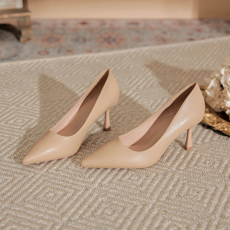 X105职业通勤百搭高跟鞋女鞋新款气质尖头单鞋细跟时尚软皮工作