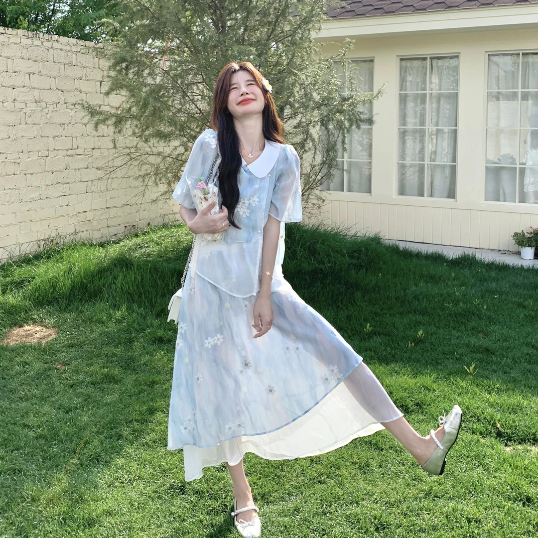 法式小清新减龄套装裙女2025秋季新款娃娃领绣花上衣半身裙两件套