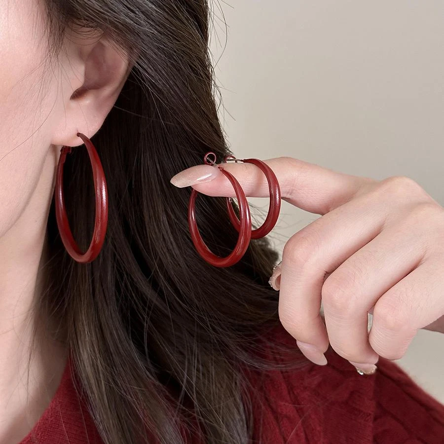 合金耳饰 复古素圈安可雷红色耳环轻奢高级感大耳圈女适合方圆脸