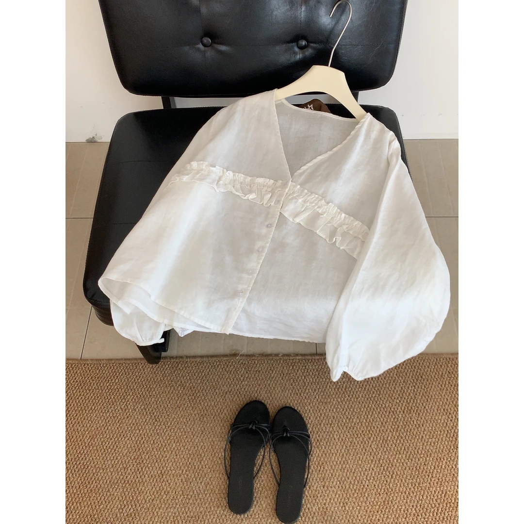 【JOJO】2025韩版宽松气质百搭荷叶边V领衬衫减龄亚麻衬衫